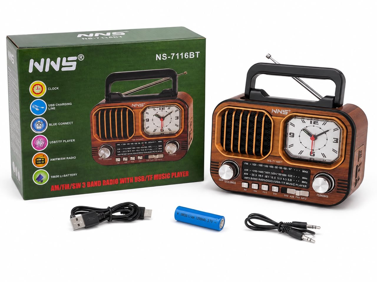 NNS Wood Radio & Clock NS-7116BT